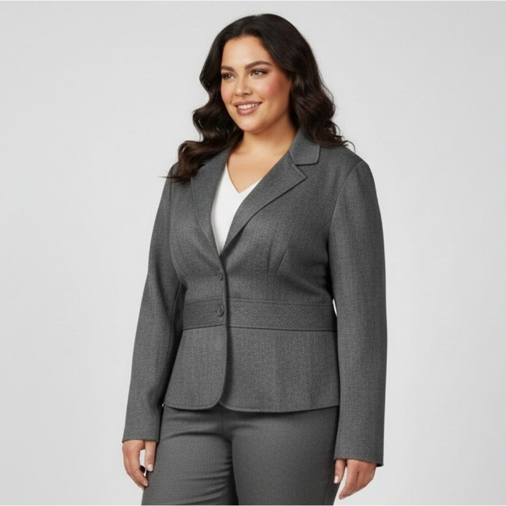 B. Smart Women's Vintage Gray Pleated Padded Blazer Jacket Plus Size 16